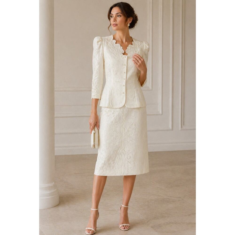 Vintage Cache Ivory Jacquard Skirt Suit Set Lace Collar Puff Sleeve Wedding NWT